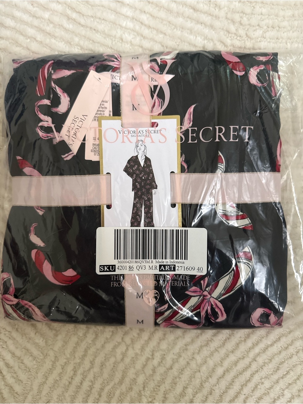 Victoria's Secret Black Satin Pajama Set with Pink Floral Print